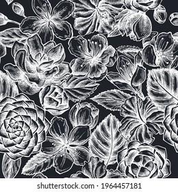 Seamless pattern with hand drawn chalk hibiscus, plum flowers, peach flowers, sakura flowers, magnolia flowers, camellia japonica