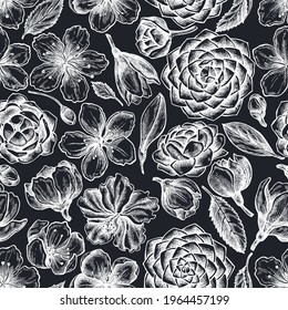 Seamless pattern with hand drawn chalk hibiscus, plum flowers, peach flowers, sakura flowers, magnolia flowers, camellia japonica