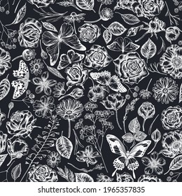 Seamless pattern with hand drawn chalk shepherd's purse, heather, iris japonica, sakura, gypsophila, chamomile, almond, poppy flower, calendula, blue morpho, lemon butterfly, red lacewing, great