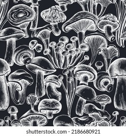 Seamless pattern with hand drawn chalk oyster mushroom, champignon, honey agaric, etc.