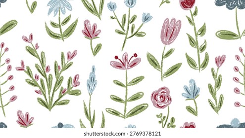 Seamless pattern of hand drawn chalk wildflowers and crayon botanical elements. Cottagecore floral background for scrapbook, zine and kids projects. Vintage garden doodle vector illustration