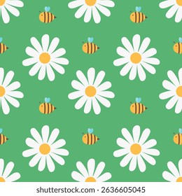 Seamless pattern with hand drawn chamomile flower and bee on green background.