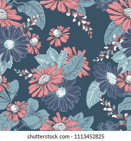 Seamless pattern with hand drawn  chamomiles, bluebells and leaves on abstract black background, Wallpaper with field flowers. Vector illustration. 