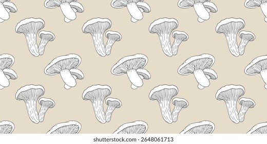 Padrão contínuo com cogumelos Chanterelle desenhados à mão. Fundo para impressão, tecido, têxtil, papel de parede.