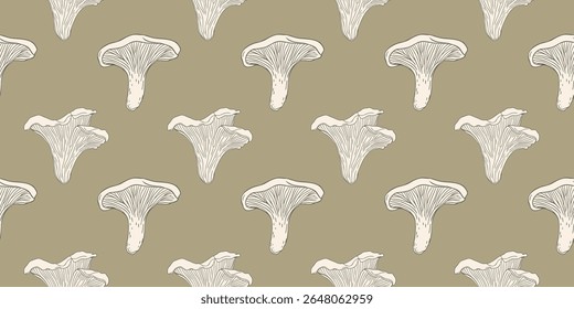 Padrão contínuo com cogumelos chanterelle desenhados à mão. Fundo para impressão, tecido, têxtil, papel de parede.