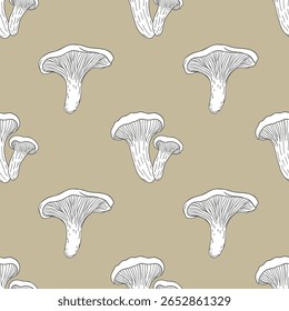Seamless pattern with hand drawn Chanterelle mushrooms on a beige  surface. Background for printing, fabric, textile, wallpaper.