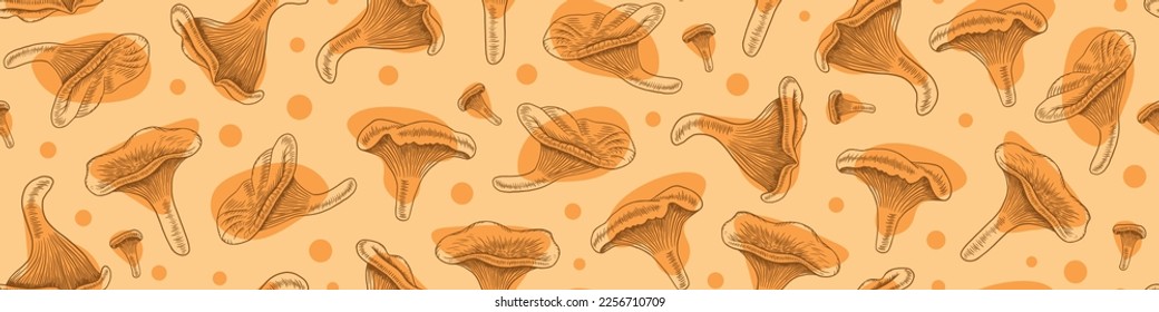 Seamless pattern with hand drawn chanterelles. Mushroom horizontal border. Vector illustration.