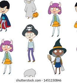 seamless pattern with hand drawn characters, children in Halloween costumes