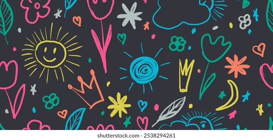 Nahtloses Muster handgezeichnete Holzkohle doodle Formen, squiggles in kindischen mädchenhaften Stil. Bleistiftzeichnungen, Kinderstile. Vektor nahtlose Blume, Herz, Krone, Sterne, Gitter Doodle Collage Elemente, Muster