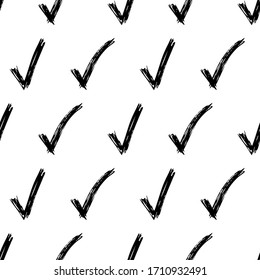 Seamless pattern with hand drawn check symbols. Black sketch check symbol on white background. Vector illustration