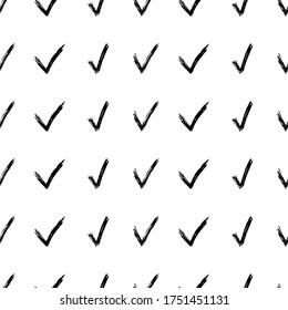 Patrón sin brillo con símbolos de control dibujados a mano. Símbolo de verificación de esbozo negro sobre fondo blanco. Ilustración del vector