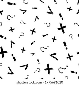 Seamless pattern with hand drawn check, cross, exclamation and question mark symbols. Black sketch check symbol on white background. Vector illustration