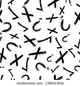 Seamless pattern with hand drawn check, cross and question mark symbols. Black sketch cross symbol on white background. Vector illustration