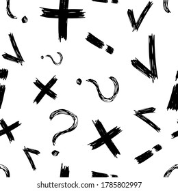 Seamless pattern with hand drawn check, cross, exclamation and question mark symbols. Black sketch check symbol on white background. Vector illustration