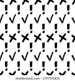 Seamless pattern with hand drawn check, cross and exclamation mark symbols. Black sketch cross symbol on white background. Vector illustration