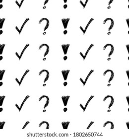 Seamless pattern with hand drawn check, exclamation and question mark symbols. Black sketch check symbol on white background. Vector illustration