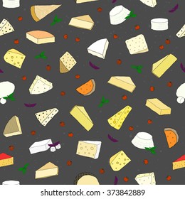 Seamless pattern with hand drawn cheese, basil and cherry tomatoes.Can be used for cooking websites, flayers, packaging, menu, wallpaper.