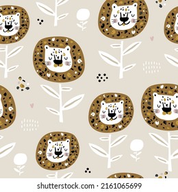 Seamless pattern with hand drawn cheetah flowers. Creative animal modern texture for fabric, wrapping, textile, wallpaper, apparel. Vector illustration