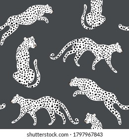 Seamless pattern with hand drawn cheetahs in different poses. Creative animal modern texture for fabric, wrapping, textile, wallpaper, apparel. Vector illustration