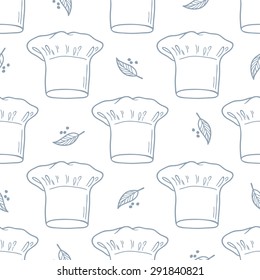 Seamless pattern with hand drawn chef hat. Kitchen background in outline style. Vector illustration