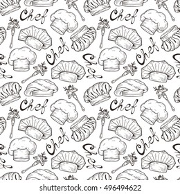Seamless pattern of Hand drawn Chef Hats and Caps in different shapes. Kitchen background. Culinary concept