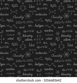 Seamless pattern with hand drawn chemistry formulas and elements. Vector science cartoon collection