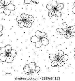 Seamless pattern with hand drawn cherry flowers. Doodle vector floral background for textile, wrapping paper.