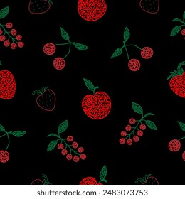 Seamless pattern with hand drawn cherry, apple, strawberry, on black background in childrens naive style.