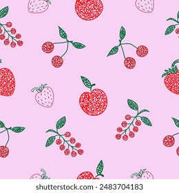 Seamless pattern with hand drawn cherry, apple, strawberry, on pink background in childrens naive style.