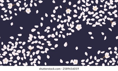 Seamless pattern with hand drawn cherry blossoms and petals in the night sky