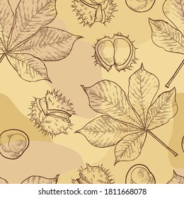 Seamless pattern of hand drawn chestnuts and leaves.