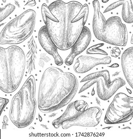 Seamless pattern with hand drawn chicken meat