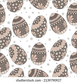 Seamless pattern with hand drawn chicken Easter eggs with on a white background. Doodle, simple outline illustration. It can be used for decoration of textile, paper and other surfaces.