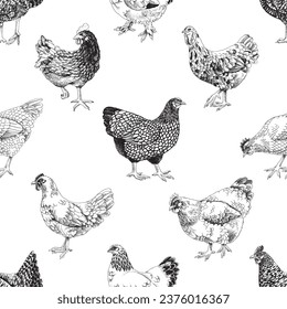 Seamless pattern with hand drawn chickens