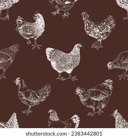 Seamless pattern with hand drawn chickens