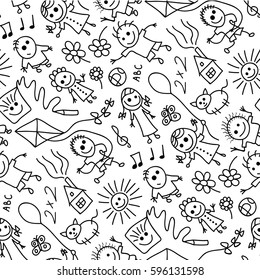 Seamless pattern of hand drawn childish people and objects.