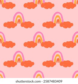Seamless pattern with hand drawn children's drawings with rainbow, clouds