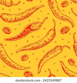 Seamless pattern with hand drawn chili peppers. Vector illustration in engraving style.