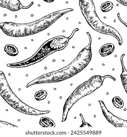 Seamless pattern with hand drawn chili peppers. Vector illustration in engraving style.