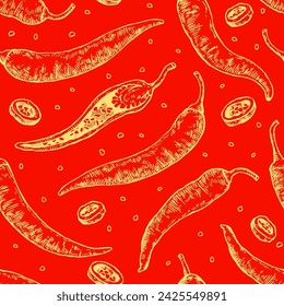 Seamless pattern with hand drawn chili peppers. Vector illustration in engraving style.