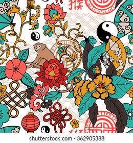 Seamless pattern, hand drawn china elements with monkey and flowers