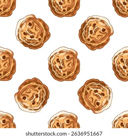 Seamless pattern of hand drawn chocolate chip cookies in vintage engraving style. Colorful illustration on white background. Perfect for bakery packaging, wrapping paper, textile prints.