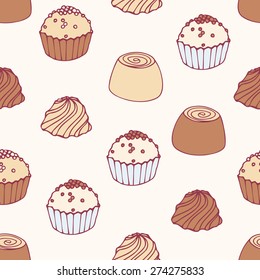 Seamless pattern with hand drawn chocolate candies. Sweets vector background. Food illustration