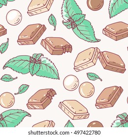 Seamless pattern with hand drawn chocolate and mint flavor. Food background. Vector illustration