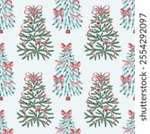 Seamless pattern with hand drawn Christmas trees decorated ribbons, bows and ornaments on light blue background. Decorative holiday vector design