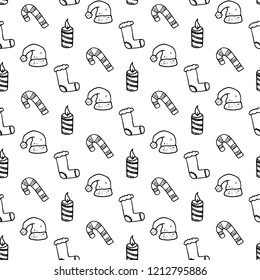 Seamless pattern hand drawn christmas hat, boot, candy, candle. Doodle black sketch. Sign symbol. Decoration element. Isolated on white background. Flat design. Vector illustration.