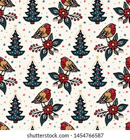 Seamless pattern. Hand drawn Christmas robin bird background. Frosty snowflake fir tree all over print. Winter holidays paper. Festive winter illustration. Traditional yule home decor. Vector swatch