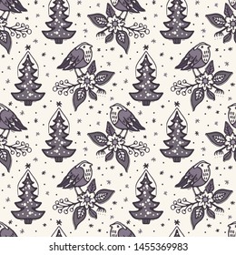 Seamless pattern. Hand drawn Christmas robin bird background. Frosty snowflake fir tree all over print. Winter holidays paper. Festive winter illustration. Traditional yule home decor. Vector swatch