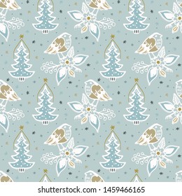Seamless pattern. Hand drawn Christmas robin bird background. Frosty snowflake fir tree all over print. Winter holidays paper. 