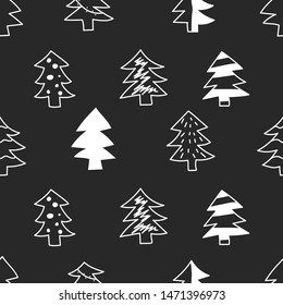 Seamless pattern with hand drawn christmas trees, decorative forest background, winter ornament. Vector illustration